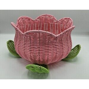 6" Plastic Wicker Pink And Green Tulip Flower Basket / Planter
